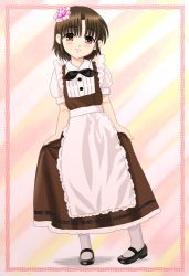 1boy apron black_shoes blush brown_eyes brown_hair chunpai clothes_lift cosplay crossdressing dress dress_lift little_busters! looking_at_viewer maid male_focus mary_janes naoe_riki pantyhose puffy_short_sleeves puffy_sleeves shoes short_hair short_sleeves simple_background smile solo standing trap white_apron white_pantyhose