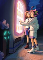 1boy 1girl azukimomonaka black_hair black_socks blue_shorts blue_socks brown_hair collared_shirt commentary_request hairband highres jacket juliana_(pokemon) kieran_(pokemon) long_sleeves maushold maushold_(family_of_three) mole mole_on_neck mole_under_eye multicolored_hair night nintendo open_mouth outdoors pokemon pokemon_(creature) pokemon_sv purple_hair school_uniform shirt shoes shorts socks standing uva_academy_school_uniform vending_machine white_shirt white_shorts yellow_hairband