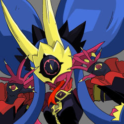 crown digimon digimon_(creature) earrings fingernails jewelry lilpiggie long_fingernails mask medusamon open_mouth pointy_ears sharp_teeth snake snake_hair teeth tongue tongue_out