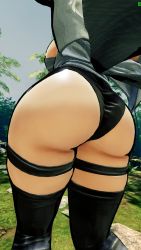 1girl 3d ass ass_focus black_leotard breasts curvy forest highleg highleg_leotard highres huge_ass iroha_(samurai_spirits) large_breasts leotard maid maid_headdress nature samurai_spirits screencap shiny_skin short_hair sideboob skindentation sky solo thighhighs third-party_edit thong_leotard wide_hips