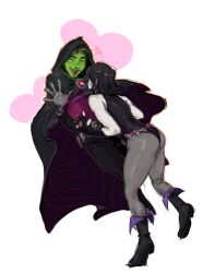 1boy 1girl angry ass beast_boy_(dc) black_hair blush cape colored_skin couple dc_comics green_hair green_skin happy heart raven_(dc) smile teen_titans thick_thighs thighs white_background