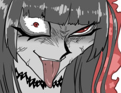1girl blue_archive blunt_bangs doodoo_(katai_niku) long_hair looking_at_viewer lowres parody portrait solo tongue tongue_out tsurugi_(blue_archive) veins yami_marik yu-gi-oh! yu-gi-oh!_duel_monsters