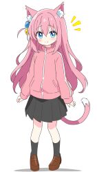 1girl absurdres animal_ear_fluff animal_ears black_skirt black_socks blue_eyes blush bocchi_the_rock! brown_shoes cat_ears cat_girl cat_tail closed_mouth commentary_request cube_hair_ornament dot_nose full_body gotoh_hitori hair_between_eyes hair_ornament highres jacket kemonomimi_mode kotatsu-mazoku loafers long_hair long_sleeves looking_at_viewer notice_lines one_side_up pink_hair pink_jacket pleated_skirt shoes sidelocks simple_background skirt smile socks solo standing tail track_jacket white_background zipper
