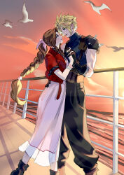 Rule 34 | 1boy, 1girl, absurdres, aerith gainsborough, aqua eyes, armor, baggy pants, bandaged arm, bandages, bangle, belt, bird, black gloves, black pants, blonde hair, blue shirt, boots, bracelet, braid, braided ponytail, breasts, brown belt, brown boots, brown hair, choker, cloud strife, couple, cropped jacket, dress, feet out of frame, final fantasy, final fantasy vii, final fantasy vii rebirth, final fantasy vii remake, flock, gloves, green eyes, hair ribbon, hand on another&#039;s waist, hetero, highres, holding hands, interlocked fingers, jacket, jewelry, long dress, long hair, looking at another, medium breasts, multiple belts, pants, parted bangs, parted lips, pauldrons, pink dress, pink ribbon, railing, red jacket, ribbon, ribbon choker, shirt, short hair, short sleeves, shoulder armor, sidelocks, single bare shoulder, single braid, single pauldron, sleeveless, sleeveless turtleneck, spiked hair, sunset, suspenders, turtleneck, vendobear