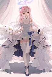 1girl absurdres angel_wings backlighting bare_shoulders blue_archive blue_bow blue_flower blue_halo blunt_bangs bow breasts bright_pupils cleavage closed_mouth commentary curtains curtsey dress dress_bow feathered_wings flower frilled_dress frills full_body garter_straps gradient_halo grey_pupils hair_bun hair_flower hair_ornament halo high-low_dress high-low_skirt highres lace lace-trimmed_thighhighs lace_trim legs_together light long_hair looking_at_viewer mika_(blue_archive) multicolored_halo nadesiko97 off-shoulder_dress off_shoulder orange_eyes pink_hair pink_halo purple_footwear purple_scrunchie scrunchie see-through_clothes short_sleeves sidelocks single_side_bun smile solo sparkle standing starry_sky_print straight-on thighhighs white_dress white_thighhighs white_wings wings wrist_scrunchie