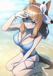 absurdres almond_eye_(umamusume) barefoot beach blue_eyes blush breasts brown_hair cleavage closed_mouth collarbone hair_ornament hairband hairclip highres horse_girl jewelry long_hair looking_at_viewer medium_breasts navel necklace ocean pilinthia seiza sitting smile umamusume
