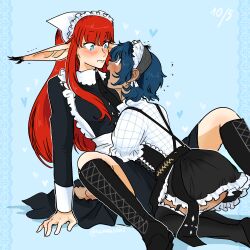 1boy 1girl absurdres alternate_costume arm_support between_legs black_dress black_skirt black_thighhighs blue_background blue_eyes blue_hair blunt_bangs boots breasts closed_mouth commentary crossdressing dark-skinned_male dark_skin dress enmaided from_side hair_between_eyes hairband heart hetero highres hime_cut hulkenberg_(metaphor:_refantazio) kneeling lace-up_boots long_hair long_pointy_ears long_sleeves maid maid_day metal_hairband metaphor:_refantazio open_mouth pointy_ears profile protagonist_(metaphor:_refantazio) red_hair shirt short_hair silver_hairband simple_background sitting skirt thighhighs trap twinklelitchii very_long_ears white_shirt wide-eyed