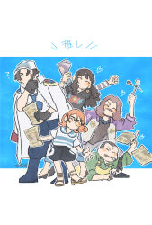 2girls 3boys ? ^_^ arm_up black_hair blue_background blush bookstore_part-timer buzz_cut closed_eyes coat coat_on_shoulders commentary_request elder_marine_brother epaulettes glasses gloves hat heart highres holding holding_paper maimai4510822 medium_hair mihawk&#039;s_fanboy multiple_boys multiple_girls nami&#039;s_fangirl one_piece one_piece_fan_letter orange_hair paper short_hair shorts utensil_in_mouth very_short_hair wanted_poster zoro&#039;s_fanboy