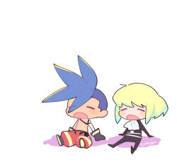2boys artist_name ascot black_gloves black_pants black_shoes blonde_hair blue_hair blush_stickers chibi closed_eyes closed_mouth commentary_request full_body galo_thymos gloves hair_intakes highres kome_1022 lio_fotia male_focus mohawk multiple_boys open_mouth pants promare red_pants shadow shoes short_hair simple_background sitting striped_clothes striped_pants topless_male white_ascot white_background