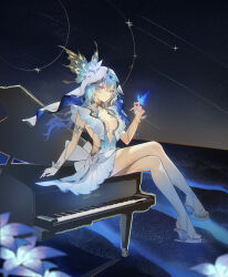1girl absurdres armlet bare_legs blue_butterfly blue_hair blue_veil breasts bug butterfly butterfly_on_hand closed_mouth collarbone colored_eyelashes commentary crossed_legs dress grand_piano heel-less_heels highres insect instrument jewelry large_breasts legs long_hair looking_at_viewer neitianzhenli35809 piano purple_eyes sandals sitting sleeveless sleeveless_dress solo shorekeeper_(wuthering_waves) toes two-tone_veil veil white_dress white_veil wuthering_waves