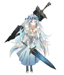 1girl absurdres bare_shoulders barefoot blue_hair braid breasts cleavage closed_mouth doll_joints dress elden_ring elden_ring_nightreign feet flower_wreath full_body hand_up head_wreath highres holding holding_sword holding_weapon jewelry joints large_breasts leaning_forward looking_at_viewer low_twin_braids moonlight_greatsword revenant_(elden_ring) shouz solo stirrup_legwear sword sword_on_back toeless_legwear twin_braids veil weapon weapon_on_back white_background white_dress white_veil wide_sleeves