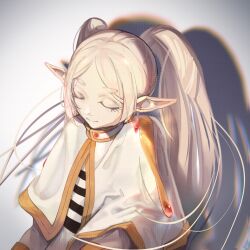 1girl capelet closed_eyes earrings eienuta elf floating_earring frieren highres jewelry long_hair long_sleeves parted_bangs pointy_ears shadow simple_background smile solo sousou_no_frieren teardrop_earrings twintails white_background white_capelet white_hair