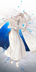 Rule 34 | 1boy, absurdres, arthropod boy, blue butterfly, blue cloak, blue eyes, bug, butterfly, cape, cloak, commentary request, crown, diamond hairband, fate/grand order, fate (series), full body, fur-trimmed cape, fur-trimmed cloak, fur collar, fur trim, grey hair, highres, insect, long sleeves, looking at viewer, lying, male focus, medium hair, no wings, oberon (fate), oberon (second ascension) (fate), official alternate costume, puffy sleeves, senzaki makoto, solo, tassel, white cloak, white fur, white hair