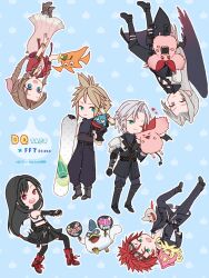 2girls 4boys ;3 aerith_gainsborough aqua_eyes armor armored_gloves baggy_pants bandaged_arm bandages bangle black_bra black_gloves black_hair black_jacket black_pants black_shoes black_skirt black_suit black_thighhighs blonde_hair blue_background bluelimbo8888 boots bra bracelet braid braided_ponytail breasts brown_boots brown_hair chibi chibi_only choker clenched_hand cloud_strife collared_shirt creature crop_top cropped_jacket dragon_quest_tact dress elbow_gloves final_fantasy final_fantasy_vii final_fantasy_vii_ever_crisis fingerless_gloves floating flower flower_choker formal_clothes gloves goggles goggles_on_head green_eyes grey_hair hair_ribbon hair_tie highres holding_snowboard jacket jewelry light_smile lily_(flower) long_dress long_hair low-tied_long_hair medium_breasts midriff miniskirt monan multiple_boys multiple_girls one_eye_closed open_mouth pants parted_bangs pauldrons pink_dress pink_fur pink_ribbon pleated_skirt punching red_boots red_eyes red_hair red_jacket red_ribbon reno_(ff7) ribbon sephiroth sephiroth_(ever_crisis) sharp_teeth shirt shoes short_hair shoulder_armor sidelocks single_braid single_wing skirt sleeveless sleeveless_turtleneck slime_(creature) smile spiked_hair sports_bra suit suit_jacket suspenders teeth thighhighs tifa_lockhart turtleneck underwear upside-down white_shirt wings yellow_flower
