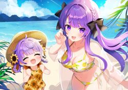 2girls bare_shoulders beach bikini blue_sky braid braided_hair_rings breasts cleavage closed_eyes cloud floral_print hair_rings hat indie_virtual_youtuber jacket long_hair looking_at_viewer medium_breasts mother_and_daughter mountainous_horizon multiple_girls navel open_mouth otsuka_ray print_bikini purple_eyes purple_hair reika_(otsuka_ray) sand see-through_clothes see-through_jacket shinomiya_shino_(sinosino141) sky sun_hat sunflower_print swimsuit virtual_youtuber water white_bikini