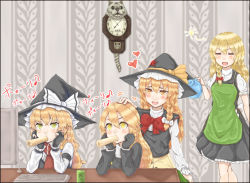 4girls apron azusa_(cookie) black_coat black_headwear black_vest blonde_hair blouse blush bow bowtie braid brown_eyes chikuwa clock closed_eyes coat commentary_request cookie_(touhou) crossed_bangs food food_in_mouth frilled_hat frills gloves green_apron green_eyes haiperion_buzan hair_between_eyes hand_on_another&#039;s_head hat heart highres computer_keyboard kirisame_marisa kit-cat_clock long_hair long_sleeves manatsu_no_yo_no_inmu mars_(cookie) miura_cat monitor multiple_girls open_mouth partially_fingerless_gloves red_bow red_bowtie red_scarf rei_(cookie) scarf shirt side_braid single_braid smile table touhou translation_request turtleneck upper_body uzuki_(cookie) vest white_bow white_shirt witch_hat yellow_eyes