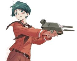 1girl bandaid bandaid_on_cheek bandaid_on_face belt eyebrows_hidden_by_hair frown green_eyes green_hair kantai_collection mogami_(kancolle) nishieda school_uniform serafuku ship_turret short_hair solo upper_body