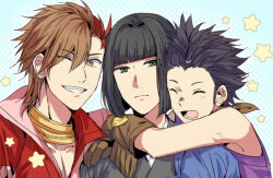 3boys :d ^_^ arms_around_neck bangs_pinned_back bare_shoulders black_hair blue_background blunt_bangs blunt_ends brown_eyes brown_gloves brown_hair closed_eyes frown gloves green_eyes grin hair_between_eyes looking_at_viewer male_focus mori_ranmaru_(sengoku_basara) multicolored_hair multiple_boys one_eye_closed open_mouth portrait red_hair sengoku_basara shibata_katsuie_(sengoku_basara) shima_sakon_(sengoku_basara) short_hair smile star_(symbol) toruglose two-tone_hair
