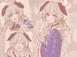 1girl :d ^_^ animal_ears blue_archive closed_eyes double_v fight_yoghurt halo long_sleeves looking_at_viewer low_twintails monochrome multiple_views open_mouth sepia smile translation_request twintails umika_(blue_archive) v