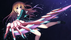 1girl bad_tag black_shoes bow breasts buttons chaos;child cropped_jacket d-sword double-breasted dress_vest floating floating_hair hair_ribbon hekiho_academy hekiho_academy_school_uniform holding holding_sword holding_weapon huge_weapon kurusu_nono light_particles loafers long_hair looking_at_viewer medium_breasts orange_hair purple_eyes red_bow red_ribbon ribbon school_uniform shoes skirt smile socks solo sparkle sword taba_neruko thick_thighs thighs weapon white_socks
