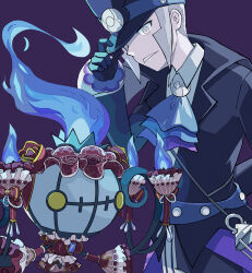 1boy ascot black_coat black_gloves black_hat blue_fire chandelure coat collared_shirt commentary_request creatures_(company) fire game_freak gen_5_pokemon gloves grey_eyes grey_hair hat highres ingo_(pokemon) ingo_(sygna_suit)_(pokemon) looking_at_viewer male_focus nintendo parted_lips pokemon pokemon_masters_ex purple_background ric shirt short_hair simple_background