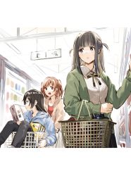 3girls :d aijou_karen basket black_hair black_pants black_ribbon black_skirt blue_eyes blue_jacket blunt_bangs box bright_pupils brown_eyes brown_hair brown_jacket closed_mouth collared_shirt commentary dress_shirt green_jacket hand_up holding holding_basket holding_box in_shopping_cart indoors jacket kagura_hikari letterboxed long_hair long_sleeves looking_at_another looking_away looking_to_the_side multiple_girls neck_ribbon open_clothes open_jacket open_mouth orihi_chihiro pants parted_lips profile red_shirt ribbon shirt shopping shopping_basket shopping_cart short_hair shoujo_kageki_revue_starlight sidelocks sideways_glance sitting sketch skirt sleeves_past_wrists smile standing supermarket symbol-only_commentary tsuyuzaki_mahiru two_side_up white_pupils white_shirt