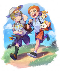 2boys aged_down black_socks brown_footwear carrying carrying_under_arm chimchar cloud commentary_request day falling_leaves flint_(pokemon) fuecoco gen_4_pokemon grass grey_headwear grey_shirt hat holding holding_pokemon kan_(pyy_c12) leaf male_focus multiple_boys nintendo on_head orange_hair outdoors path pawmi pokemon pokemon_(creature) pokemon_dppt pokemon_on_head pokemon_sv road running shinx shirt shoes short_hair short_sleeves shorts sky socks volkner_(pokemon)