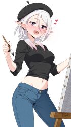 1girl absurdres beret blush breasts canvas_(object) cowboy_shot denim elf ennis hat heart highres jeans medium_breasts midriff multicolored_hair navel open_mouth original paintbrush pants piercing pointy_ears purple_eyes roswell_ss solo upper_body white_hair