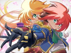 1boy 1girl bakuten_shoot_beyblade beyblade beyblade_(object) black_gloves blonde_hair blue_eyes blue_jacket brother_and_sister brown_hair character_request fingerless_gloves gloves highres jacket julia_fernandez long_hair multicolored_hair outstretched_arm pink_hair raul_fernandez_(beyblade) red_jacket shirt short_hair siblings single_fingerless_glove tkoknmy0321 twins two-tone_hair upper_body white_shirt