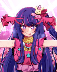 1girl absurdres commission commissioner_upload double_v dress gloves heart highres hoshino_ai long_hair non-web_source oshi_no_ko pink_dress pink_gloves purple_eyes purple_hair solo sweat sweatdrop tongue tongue_out v yutakke