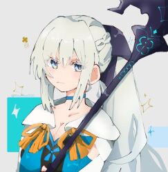 1girl black_bow blue_eyes blush bow braid fate/grand_order fate_(series) hair_bow half_up_braid long_hair looking_at_viewer mizumizu0020 morgan_le_fay_(fate) morgan_le_fay_(second_ascension)_(fate) polearm ponytail solo spear weapon white_hair