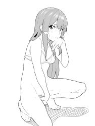 1girl bare_arms barefoot blush bottomless bow bow_bra bra breasts breath female_masturbation female_pubic_hair fingering full_body greyscale hand_up highres looking_at_viewer makise_kurisu masturbation monochrome open_mouth parted_lips pubic_hair shadow sleepy_frippy small_breasts solo squatting steam steins;gate sweat underwear