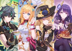 1boy 3girls absurdres ajaw_(genshin_impact) apron arm_tattoo bare_shoulders batter black_gloves black_hair black_shirt blonde_hair blue_eyes blue_gemstone breasts cake chef_hat closed_eyes closed_mouth commentary cowboy_shot crossed_bangs crossed_legs cup dress drill_hair drill_sidelocks english_commentary escoffier_(genshin_impact) facing_viewer flower food fork fork_hair_ornament gateau_debord_(genshin_impact) gem genshin_impact gloves green_eyes green_hair green_headband hair_between_eyes hair_ornament hat hat_flower headband heart heart_in_eye highres holding holding_cup holding_fork holding_plate holding_whisk japanese_clothes kimono kinich_(genshin_impact) long_hair looking_at_viewer medium_breasts mole mole_under_eye multicolored_hair multiple_girls navia_(genshin_impact) nyansan_oekaki one_eye_closed open_mouth plate purple_eyes purple_hair purple_kimono purple_thighhighs raiden_shogun second-party_source shirt sidelocks smile spiked_ear_piercing strapless strapless_dress streaked_hair symbol_in_eye tattoo tea teacup thighhighs upper_body whisk white_apron white_hat wrist_cuffs