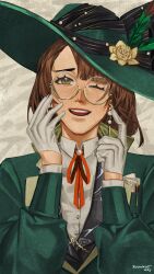 1girl 2025 ;d absurdres artist_name bow brown_hair collared_shirt eyewear_strap feathers finger_to_cheek flower glasses gloves green_eyes green_feathers green_hat green_jacket grey_background hair_bow hands_up hat hat_feather hat_flower highres jacket kakania_(reverse:1999) long_sleeves neck_ribbon one_eye_closed open_mouth picture_hat red_ribbon reverse:1999 ribbon ripshinaide round_eyewear shirt smile solo teeth upper_body upper_teeth_only white_gloves white_shirt yellow_bow yellow_flower