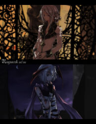2boys arm_tattoo armor assassin_(ragnarok_online) bandages bandages_over_clothes black_shirt brown_wings closed_mouth coat commentary_request copyright_name crescent_moon demon_wings expressionless gold_trim grey_hair hair_bun head_wings high_priest_(ragnarok_online) looking_at_viewer male_focus moon multiple_boys pauldrons purple_eyes purple_scarf purple_skirt purple_sky ragnarok_online scarf shirt short_hair shoulder_armor single_hair_bun skirt sky sleeveless sleeveless_shirt smile tattoo upper_body wane_(ruki) white_coat wings