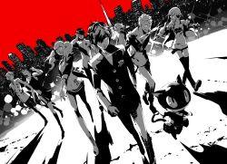 4boys 4girls 5girls absurdres akechi_gorou amamiya_ren behind-the-head_headphones belt boots braid building cat city cityscape crown_braid dutch_angle everyone fur-trimmed_jacket fur_trim glasses greyscale hair_over_one_eye hand_in_pocket hat headphones headphones_around_neck high_contrast highres holding hood hoodie jacket kitagawa_yuusuke long_hair long_sleeves looking_at_viewer mask miniskirt monochrome morgana_(persona_5) multiple_boys multiple_girls necktie newsboy_cap niijima_makoto off-shoulder_shirt off_shoulder official_art okumura_haru open_mouth pants pantyhose persona persona_5 pleated_skirt sakamoto_ryuuji sakura_futaba school_uniform shadow shirt short_hair shorts shuujin_academy_school_uniform skirt sleeves_rolled_up smile sparkle spot_color sword takamaki_anne thighhighs twintails walking weapon zettai_ryouiki