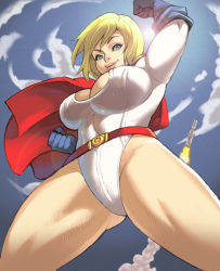 1girl alien bad_id bad_pixiv_id belt blonde_hair blue_eyes breasts cape cleavage cleavage_cutout clothing_cutout cloud day dc_comics female_focus flying gloves highleg highleg_leotard kryptonian large_breasts leotard lips maou_alba power_girl rocket sky sleeved_leotard solo superman_(series) thick_thighs thighs