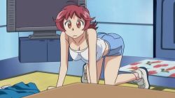 00s 1girl animated animated_gif anime_screenshot aoi_anna ass breasts cleavage female_focus red_hair shinkon_gattai_godannar!! shoes socks solo unworn_shoes
