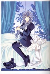 00s 1girl absurdres adjusting_hair apron bed blanket blue_eyes blue_hair blue_theme boots braid chobits clamp curtains dress female_focus frills full_body highres holding holding_own_hair indoors lace-up_boots leaf long_hair long_sleeves matching_hair/eyes nature official_art pantyhose purple_pantyhose scan shoes sitting smile solo traditional_media unworn_apron unworn_shoes wavy_hair window yuzuki_(chobits)