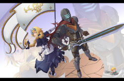 Rule 34 | 1boy, 1girl, alex kellar, armor, artist name, banner, blonde hair, blue eyes, breastplate, commission, crossover, dead space, dragon age, dragon age 2, fate/apocrypha, fate (series), flag, gauntlets, helmet, highres, holding, holding weapon, infinity blade, jeanne d&#039;arc (fate), knight, painterly, pauldrons, shoulder armor, siris (infinity blade), sword, weapon