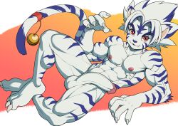 1boy abs byakko_no_kogenta cat_boy completely_nude fangs fingernails furry large_penis looking_at_viewer lying male_focus muscular muscular_male nude on_side onmyou_taisenki pectorals penis pokkuti red_eyes sharp_fingernails solo tail testicles tiger_boy