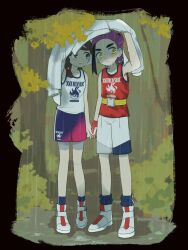 Rule 34 | 1boy, 1girl, black border, black hair, blush, border, brown eyes, brown hair, closed mouth, day, full body, gloves, hair ornament, hetero, highres, holding, holding jacket, holding unworn clothes, jacket, juliana (pokemon), kieran (pokemon), mole, mole on neck, multicolored hair, nekoniko777, nintendo, outdoors, partially fingerless gloves, pokemon, purple hair, rain, red gloves, red tank top, shoes, shorts, single glove, socks, tank top, tree, unworn jacket, white jacket, white shoes, white tank top, yellow eyes