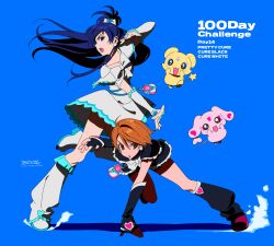 Rule 34 | 2girls, arm warmers, betti (xx betti), black arm warmers, black capelet, black leg warmers, black skirt, blue background, blue eyes, blue hair, bow, brown eyes, brown hair, capelet, cure black, cure white, dress, dynamic pose, fingerless gloves, frills, futari wa precure, gloves, hair bow, hand on ground, highres, leg warmers, long hair, looking at viewer, looking to the side, magical girl, mepple, mipple, misumi nagisa, multiple girls, open mouth, precure, short hair, shorts, shorts under skirt, simple background, skirt, standing, standing on one leg, white arm warmers, white capelet, white dress, white gloves, white leg warmers, yukishiro honoka