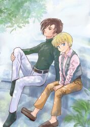 Rule 34 | 2boys, belt, blonde hair, blue eyes, brown eyes, brown hair, brown pants, closed mouth, collared shirt, commentary request, green sweater, gundam, gundam wing, highres, male focus, multiple boys, okrdisk2000, pants, pink shirt, quatre raberba winner, shirt, short hair, sitting, smile, sweater, trowa barton, turtleneck, turtleneck sweater, white pants