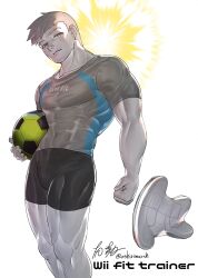 Rule 34 | 1boy, absurdres, ball, black shorts, character name, clenched hand, colored skin, covered navel, dancho no mori, expressionless, feet out of frame, full body, grey eyes, grey hair, grey shirt, half-closed eyes, highres, holding, holding ball, looking at viewer, male focus, muscular, muscular male, nintendo, shirt, short hair, short shorts, short sleeves, shorts, solo, standing, sunburst, tight clothes, tight shirt, white skin, wii balance board, wii fit, wii fit trainer, wii fit trainer (male)