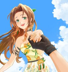 aerith_gainsborough aerith_gainsborough_(citric_dress) armlet bare_shoulders blue_nails blue_sky breasts brown_gloves brown_hair choker cloud cloud_strife cloud_strife_(maritime_sailor) cloudy_sky dress earrings feet_out_of_frame final_fantasy final_fantasy_vii final_fantasy_vii_ever_crisis fingerless_gloves food-themed_earrings food_print food_themed_earrings fruit_print gloves green_eyes green_ribbon hair_ribbon half_updo holding_hands jewelry light_blush long_hair looking_at_viewer medium_breasts multicolored_nails nail_polish official_alternate_costume open_mouth orange-shaped_earrings orange-shaped_ornament orange_nails orange_print parted_bangs print_dress ribbon see-through_clothes see-through_skirt sidelocks skirt sky smile strapless strapless_dress upper_body wavy_hair yahokichi_ma