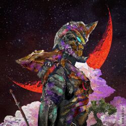 1boy alien aqua_eyes armor artist_name black_armor black_sky bonsai breastplate brown_armor cloud cloudy_sky commentary crescent crescent_moon from_side full_armor glowing glowing_eyes hashtag-only_commentary highres horns jugglus_juggler looking_ahead male_focus moon multicolored_armor muscular muscular_male night obakelope0530 outdoors pectorals red_moon scar scar_on_chest sheath sheathed shoulder_armor shoulder_pads single_horn sky solo star_(sky) starry_sky sword tokusatsu tree tsurime two-tone_armor ultra_series ultraman_orb_(series) ultraman_z_(series) upper_body weapon