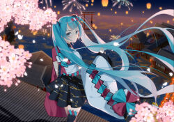 Rule 34 | 1girl, absurdly long hair, absurdres, aerial fireworks, aqua eyes, aqua hair, aqua pupils, architecture, black hakama, black thighhighs, branch, bright pupils, cherry blossoms, closed mouth, cowboy shot, dock, east asian architecture, eyelashes, falling petals, festival, fireworks, floral print, flower, from behind, hair ornament, hair tie, hairclip, hakama, hakama short skirt, hakama skirt, hatsune miku, highres, japanese clothes, kimono, kirina zero, lace, lace-trimmed kimono, lace trim, lantern, light frown, light particles, long hair, long sleeves, looking at another, looking at viewer, magical mirai (vocaloid), magical mirai miku, magical mirai miku (2020 summer), night, night sky, on rooftop, outdoors, paper lantern, petals, pink flower, pink kimono, pointy nose, shide, skirt, sky, sleeves past wrists, solo, spring (season), standing, thighhighs, torii, town, twintails, two-tone kimono, very long hair, white kimono, wide sleeves, wind, x hair ornament