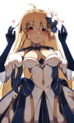 1girl absurdres archetype_earth archetype_earth_(third_ascension) arcueid_brunestud bare_shoulders blonde_hair blue_gloves blue_skirt blush breasts cleavage deko_morii detached_collar detached_sleeves dress fate/grand_order fate_(series) flower gloves gold_trim hair_flower hair_ornament highres large_breasts long_hair looking_at_viewer multicolored_skirt red_eyes skirt solo very_long_hair white_dress