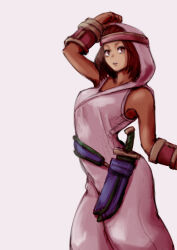 Rule 34 | 1girl, breasts, brown eyes, brown hair, dark-skinned female, dark skin, final fantasy, final fantasy tactics, gloves, hanemikakko, headband, hood, knife, looking at viewer, open mouth, rapha galthena, robe, short hair, simple background, solo, white background